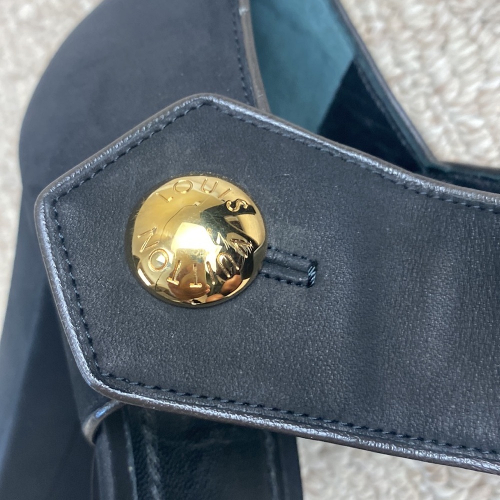 Louis Vuitton Nubuck Gold Button D’Orsay Platform Peeptoe Block Heel Sandal 41 - Picture 11 of 13